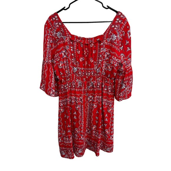 Skies are Blue Red Blue Boho Floral Print Dress Bell Sleeves Size Large - Picture 2 of 10